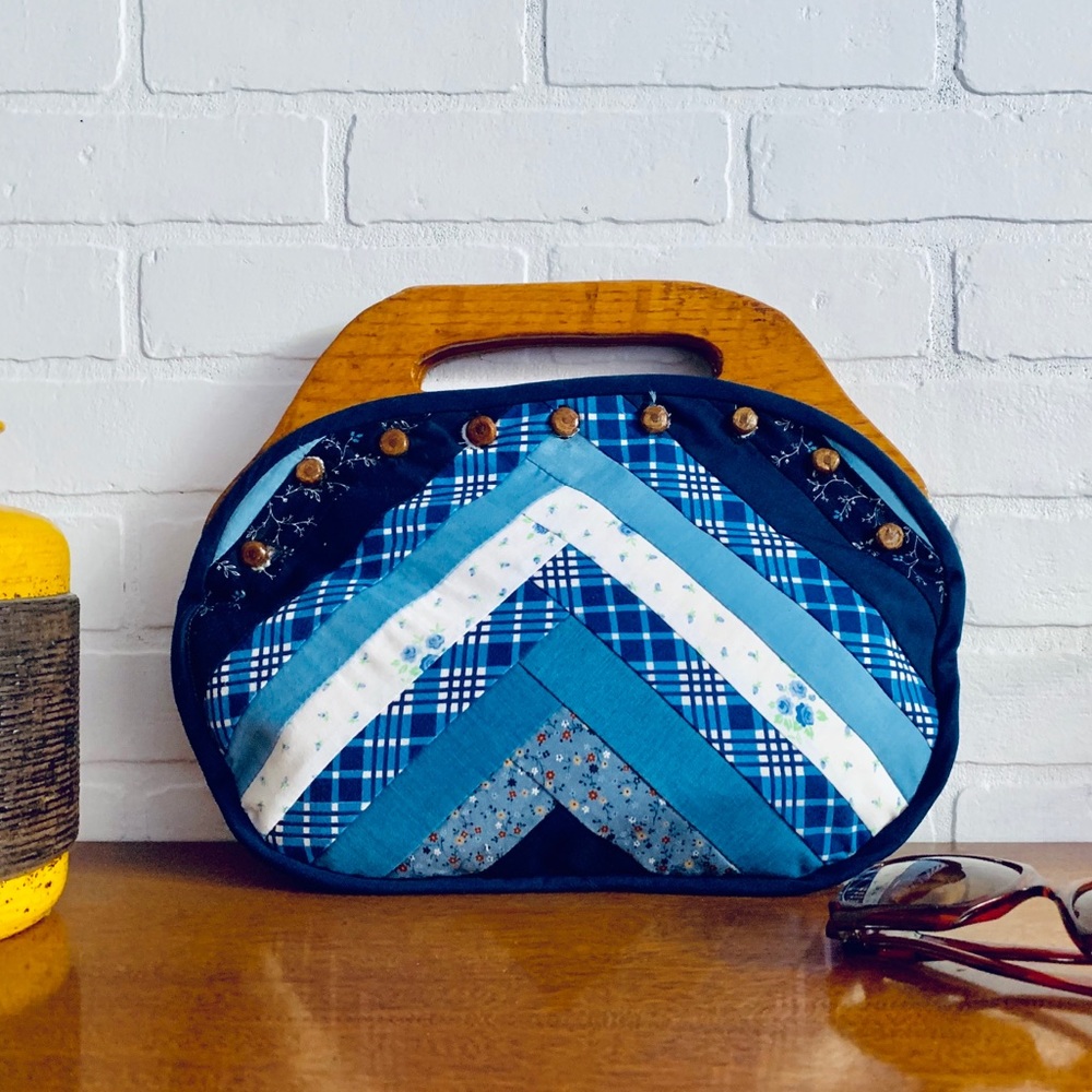 70s Patchwork Handbag Purse Wood Bag Reversable
